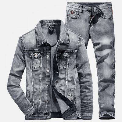 Mannen 2 Stuk Sets Nieuwe Eenvoudige Lente Herfst Rokerige Grijze Lange Mouw Denim Jas + Jeans Mode Slanke Paar Denim pak Ropa Hombre