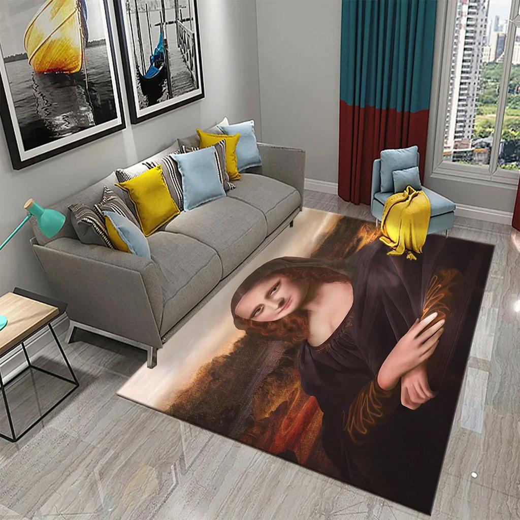 Funny Mona Lisa Oil Painting Carpet Home Decor Painting Mat for Living Room Bedroom Kitchen Bathroom Non-slip Floor Area Mats
