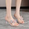 One-word transparent high-heeled cool slippers, new versatile thin-heeled outer flower crystal slippers in the summer of 2024