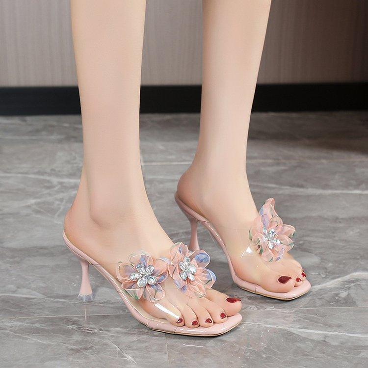One-word Transparent High-heeled Cool Slippers, New Versatile Thin-heeled Outer Flower Crystal Slippers In the Summer of 2024