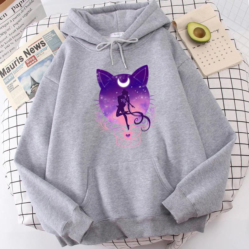 Vintage Anime Hoodies Women Sweatshirts Printed Cat Moon Long Sleeve Kawaii Hoodie Cartoon Tops Graphic Female Clothing