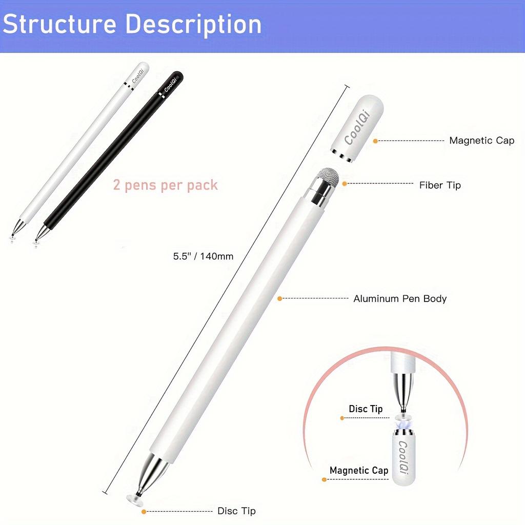 Stylus-Stift für iPad/für iPhone Bleistift Stylus-Stifte Stylus-Touchscreen-Stifte (2 Stück/Packung) 2-in-1-Stifte mit magnetischer Scheibe