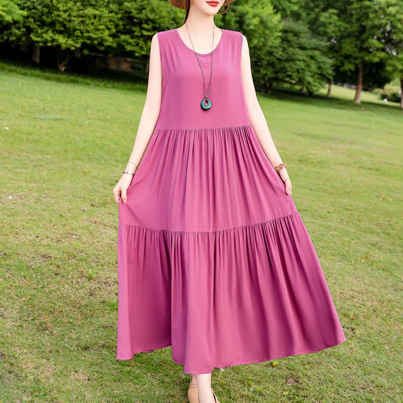 Elegant Sleeveless Dress for Women Plus Size Loose Vintage Print Long Dress Summer Middle-aged Women's Clothing