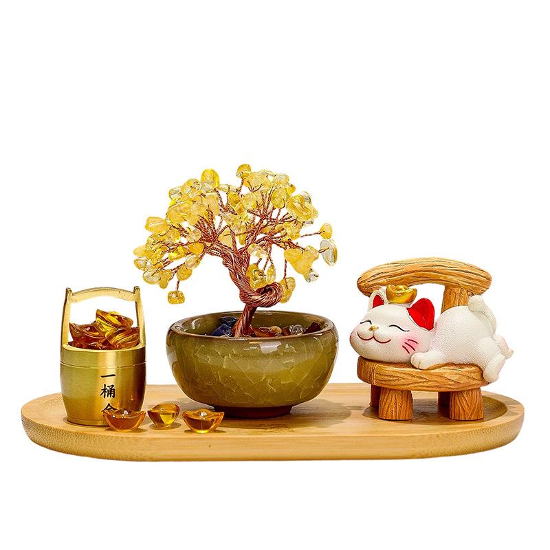 Laywin Fortune-Bringing Cat Home Decoration Item - Natural Yellow Crystal Tree - Tree of Wealth - Cat Desktop Decorative Item