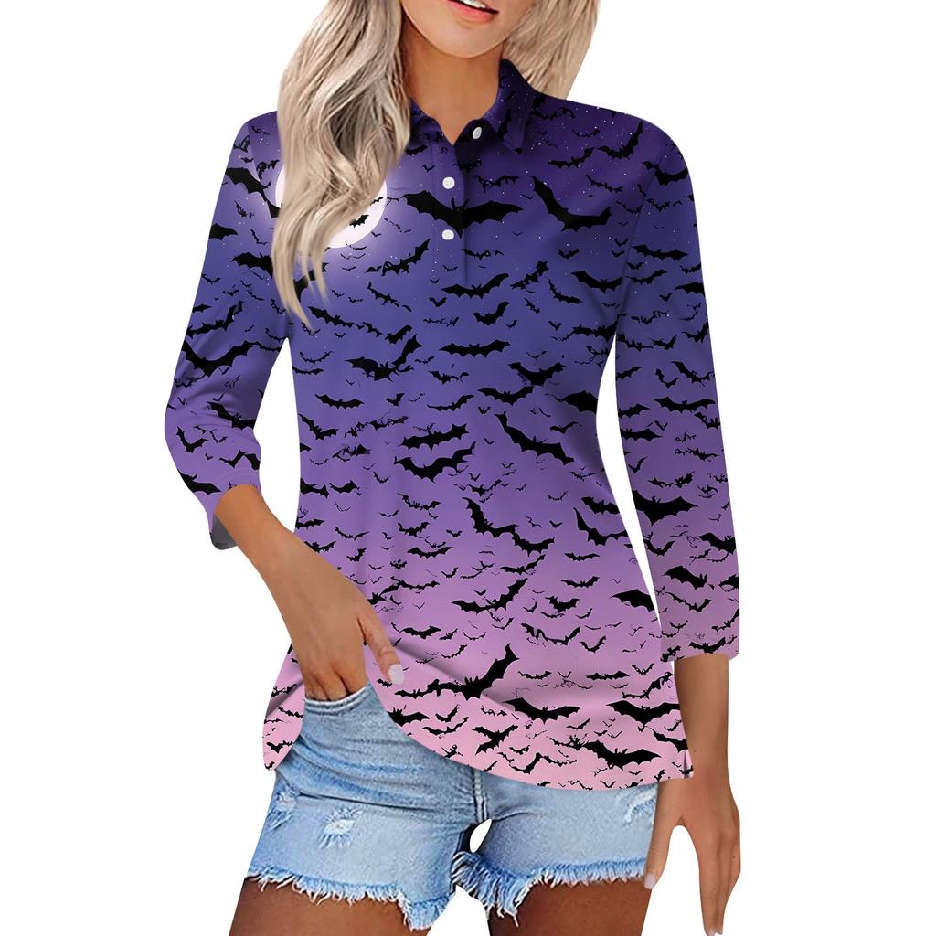 Dámská móda Ležérní Klopa Krátký 3/4 rukáv Halloweenský potisk Košile Dámské Zapínací topy