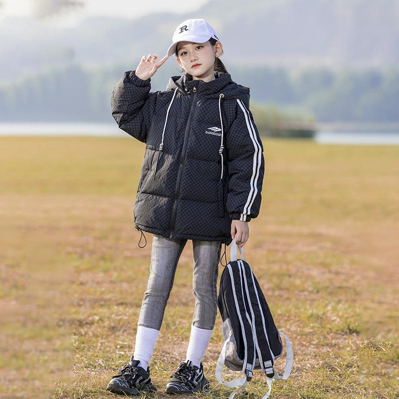 

Пуховик для девочек средней длины в корейском стиле, плотная свободная детская одежда, стильная спортивная одежда для детей среднего и большого размера 170cm чёрный