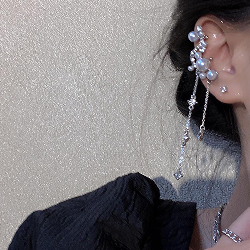 Elegant Clip-On Long Tassel Pearl & Zircon Earrings for Women