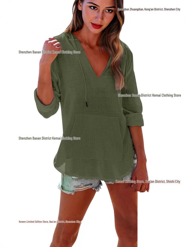 European & Asian 2025 Spring/Summer Women's V-Neck Long Sleeve Beach Hoodie with Pocket