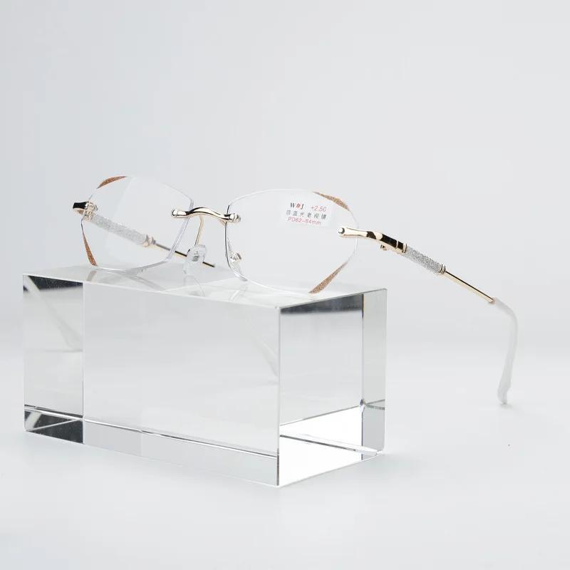 Women Rimless Presbyopia Glasses Anti Blue Light Diamond Cut Reading Eyeglasses Finished Optical Eyewear Diopter +1.0 To +4.0