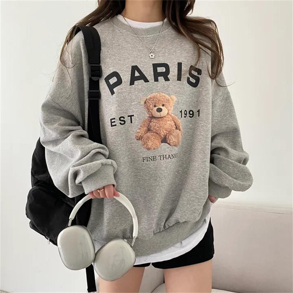 Women's Crew Neck Long Sleeve Sweatshirt Oversized Bear Letter Print Loose Casual Pullover For Spring Autumn Winter