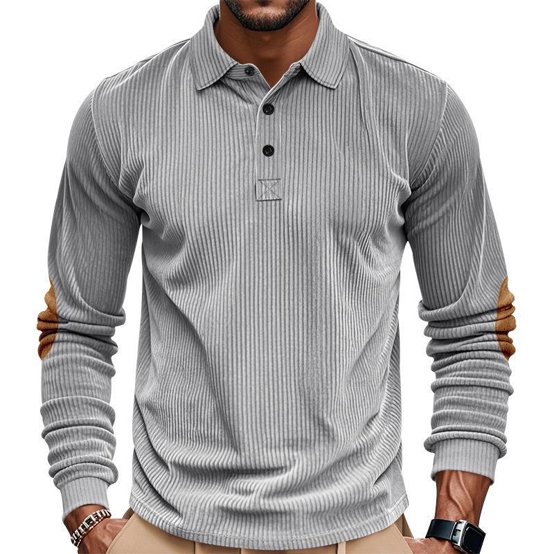 Fashionable Men's Spring/Autumn Corduroy Vintage Loose-Fit Casual Outdoor Long-Sleeved Patchwork Polo Undershirt