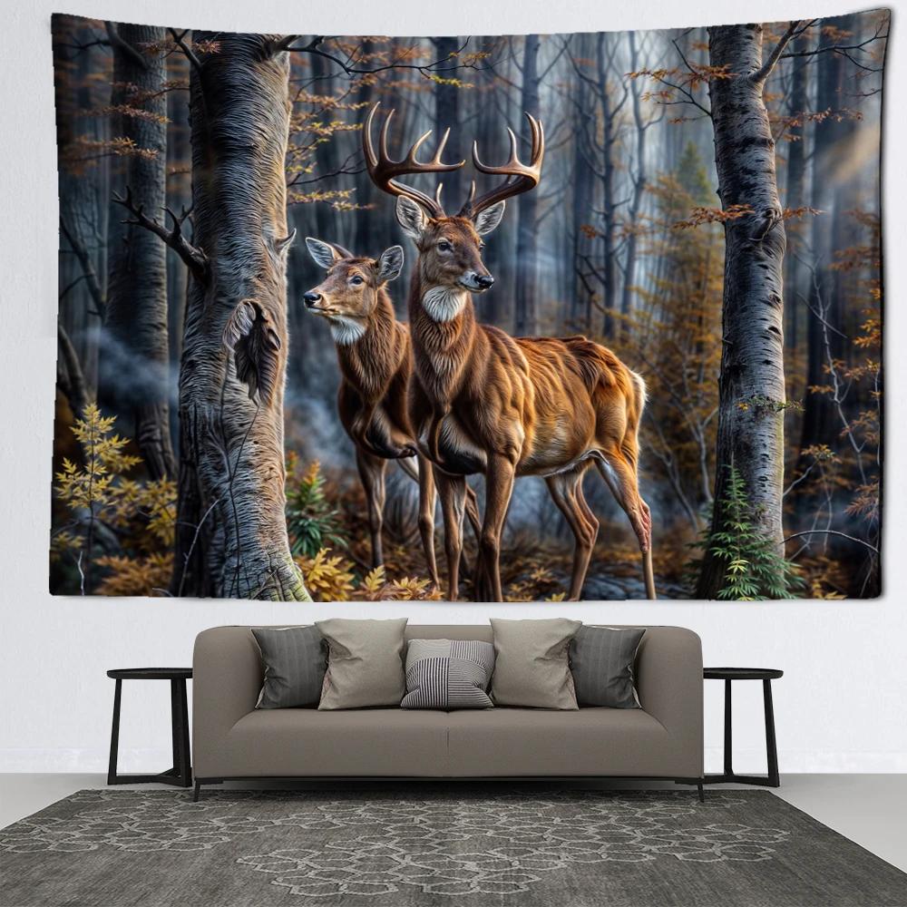 Vintage Elk Forest Tapestry Wall Hanging Hippie Bohemian Minimalist Art Landscape Dormitory Living Room Home Decor