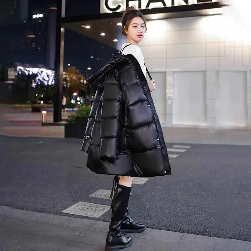 Casaco Grosso de Inverno com Penas Jaqueta Puffer Longa Quente e Fofa Feminina Parkas Casaco de Moda Feminina com Capuz