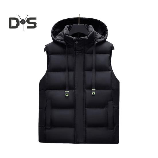 Men Waistcoat Stand Collar Hooded Sleeveless Zipper Placket Down Cotton Vest with Pockets Solid Color Thickened Vest Jacket