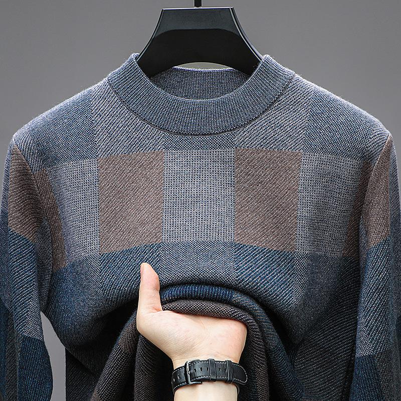 Men Crew Neck Jacquard Pullover Knitted Sweater Casual Bottoming Top For Middle Aged