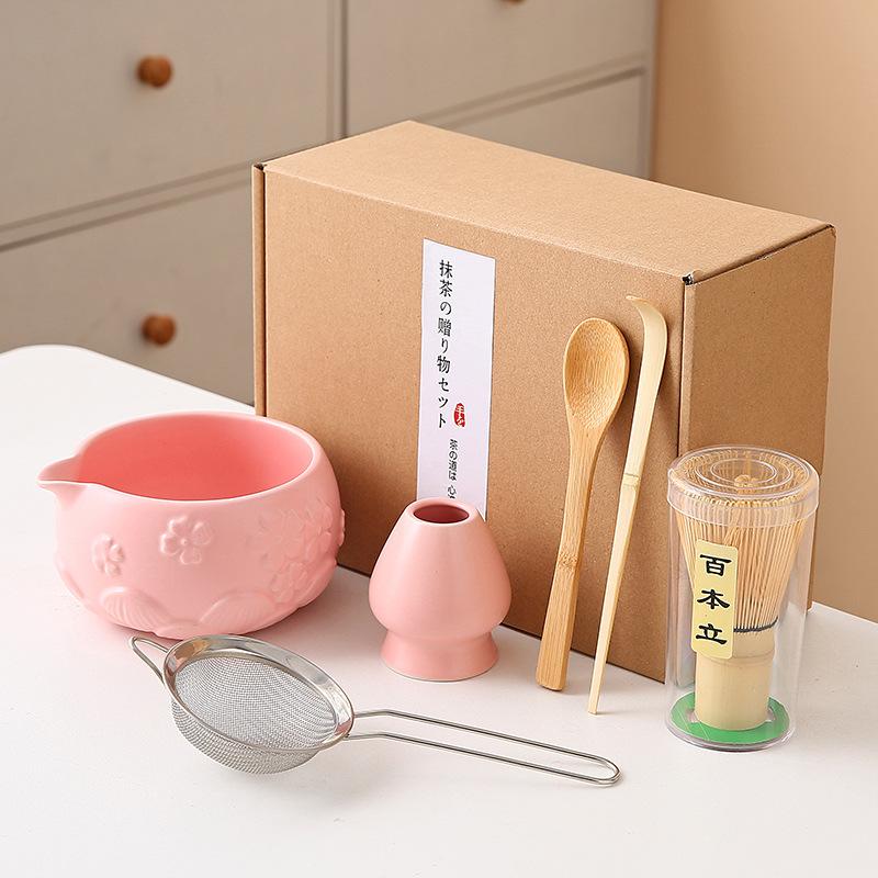 8pcs Cherry Blossom White Matcha Bowl with Matcha Whisk Set, Japanese Tea Set Includes Matcha Bowl with Spout