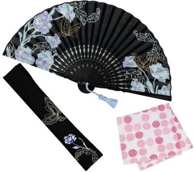Conjunto Elegante de Leques de Negócios com Estojo e Design de Buquê de Lenços [Osaka Choseido] Feminino - (Preto)