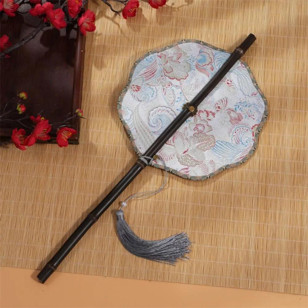 Retro Ancient Style Chinese Bamboo Waist Fan Rollable Foldable Long Handle Fan Decorative Cooling Group Fan Hanfu