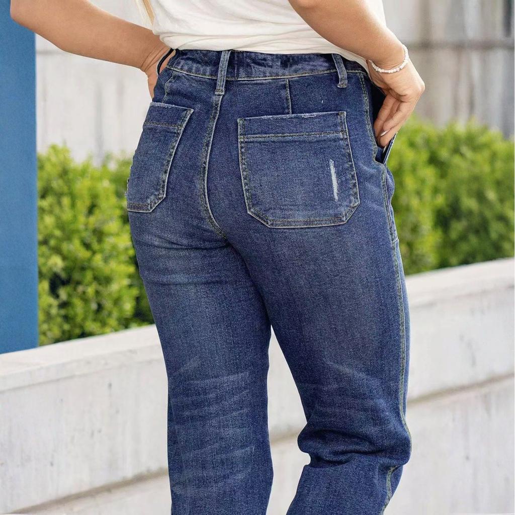 Klassiske allsidige moteriktige denimbukser med høy midje for kvinner