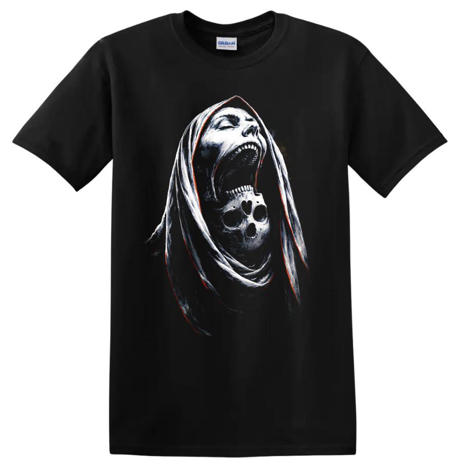 Skull Reaper T Shirt w/ Screaming Face Gothic Horror Graphic Halloween Art Tee