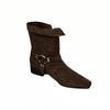 Korean Version of Small Square Head Metal Buckle Thick Heel Short Boots Women's Versatile Fashion Suede Western Boots Medium Boots Short Boots