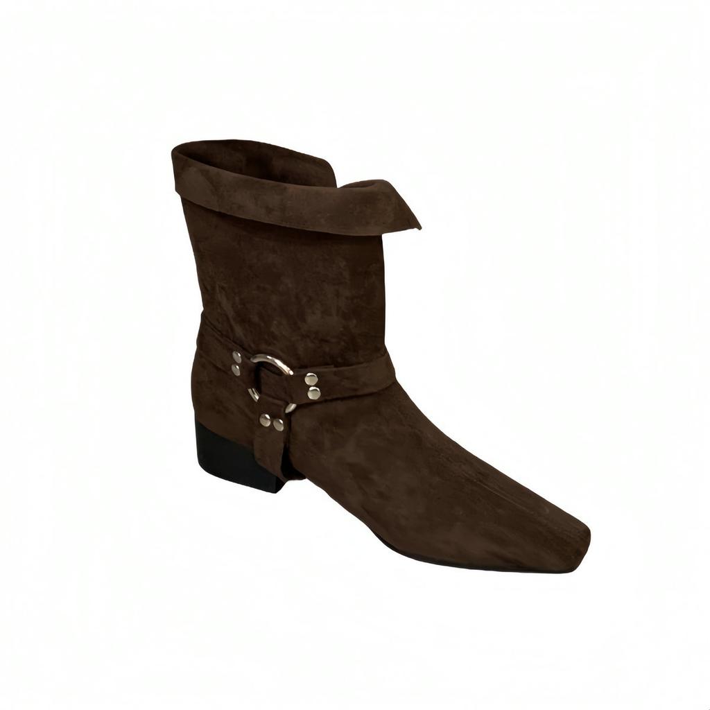 Korean Version of Small Square Head Metal Buckle Thick Heel Short Boots Women's Versatile Fashion Suede Western Boots Medium Boots Short Boots