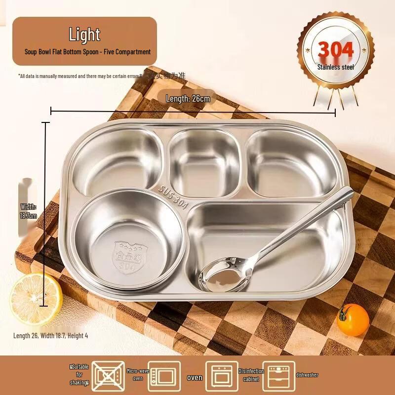 HANDUNYOU 304 Stainless Steel Five-Compartment Meal Tray Set