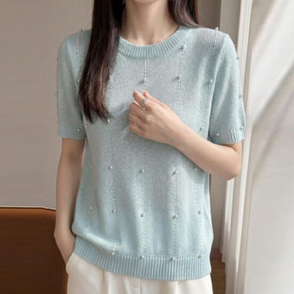 Navava Women Cool Pearl Point Round Neck Short Sleeve Knit Nk3719