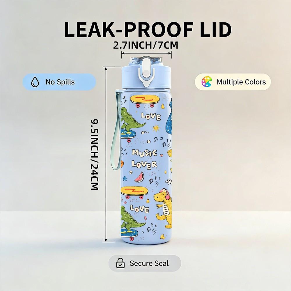 1PC Dino Doodle Hand Drawn Pattern 750ml Color Plastic Sports Water Bottle Leakproof Flip Straw Lid Suitable for Sports Office Home Use