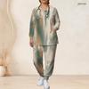 Women Plus Size Printed Nurse Scrub Set V Neck Long Sleeve Top With Pockets And Long Pants