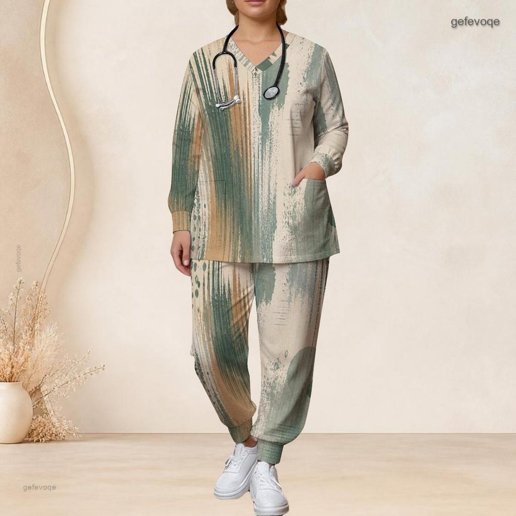 Women Plus Size Printed Nurse Scrub Set V Neck Long Sleeve Top With Pockets And Long Pants