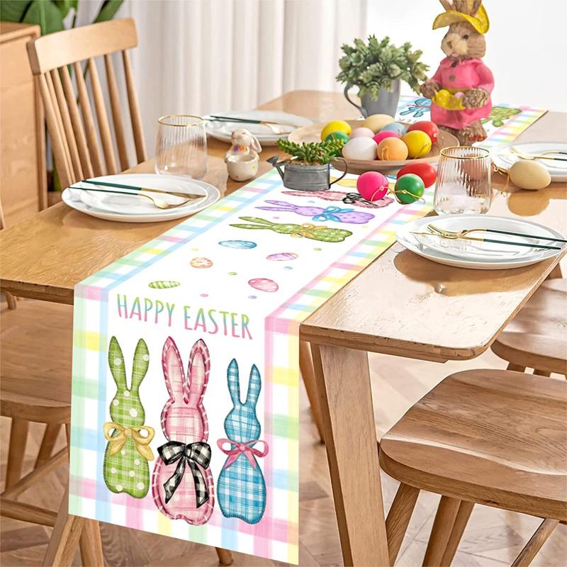 Vintage Easter Bunny Table Runner Polyester Rabbit Eggs Flower Table Flag Easter Decorations For Home Kitchen Dining Table Decor