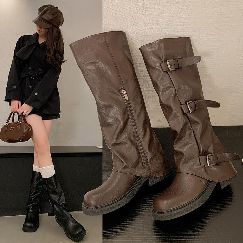 Vintage medium and high tube western denim pile knight women's boots autumn new buckle French trousers thick heel knight boots