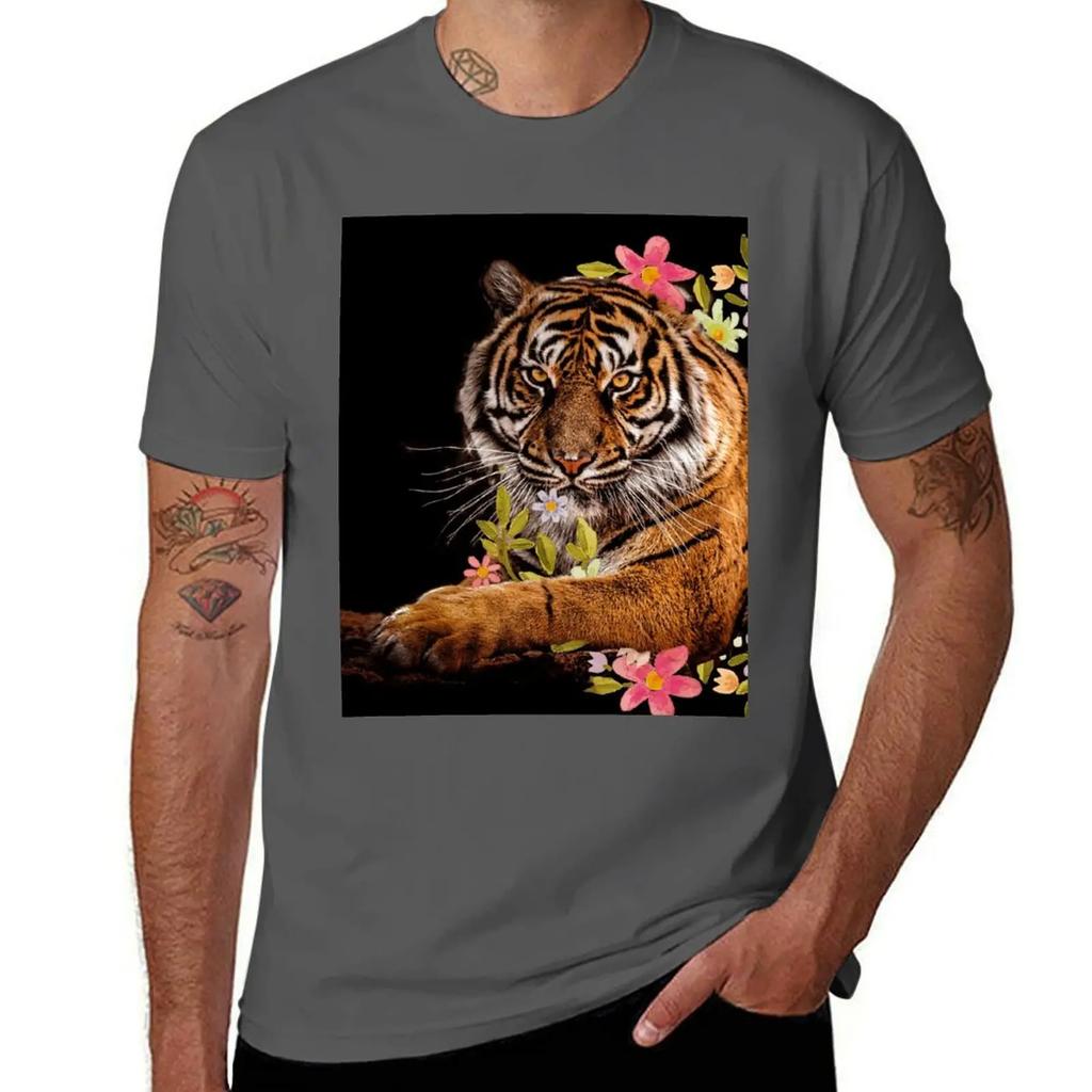 Fierce Bengal tiger seated in a ring of pink and purple beautiful flowers T-Shirt