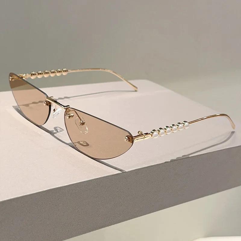 

Vintage Triangle Cat Eye Sunglasses Women For Men Luxury Brand Designer Sun Glasses Punk Popular Rimless Pearl Shades Uv400