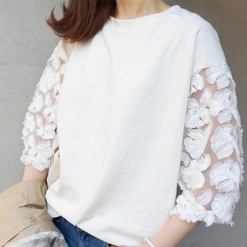 Cotton Summer Lace Short Sleeve Tshirt For Women With Round Neck And Casual Style