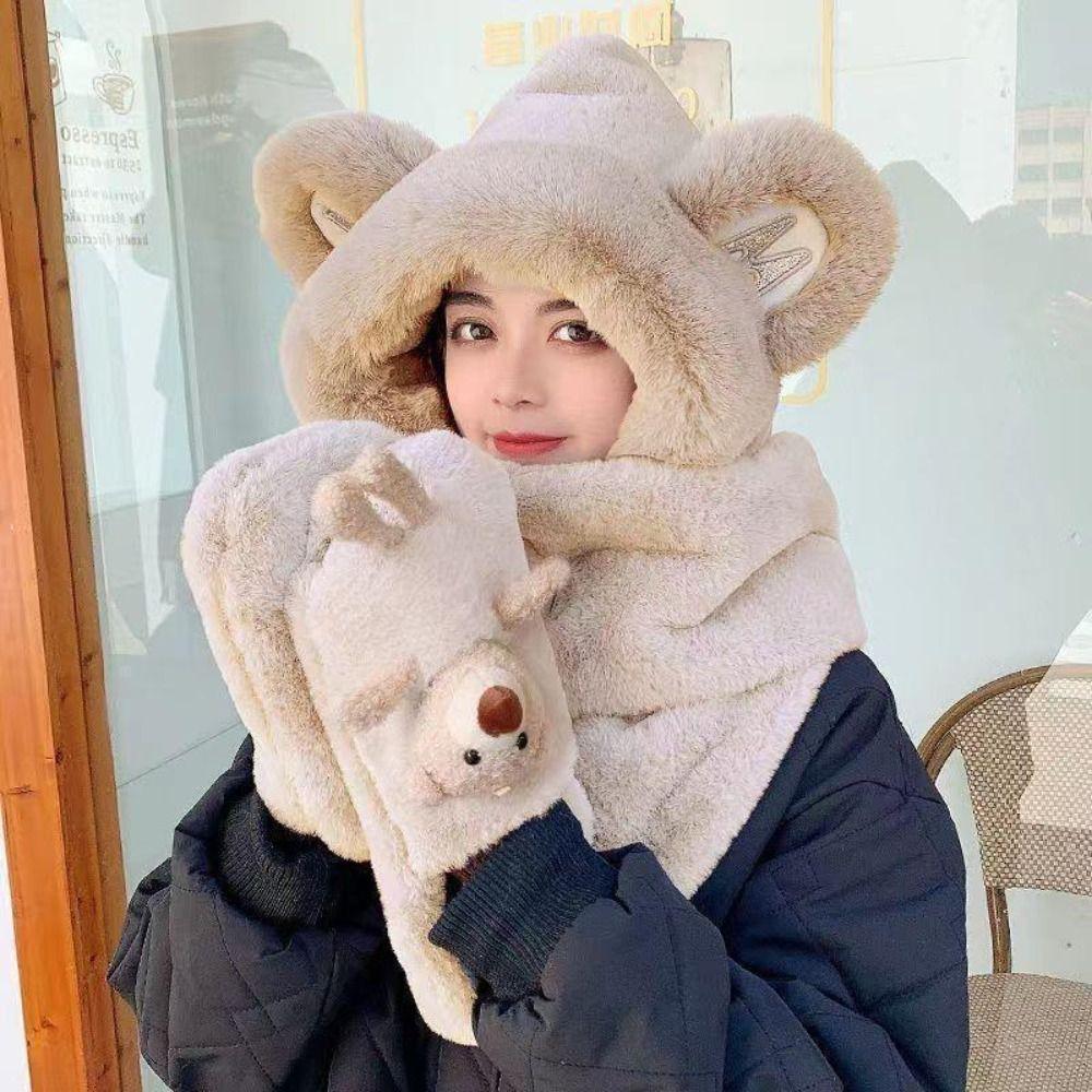 Cute Bear Ear Women Beanies Cap Thickened Plush Integrated Cap Scarf Hot Hat Outdoor
