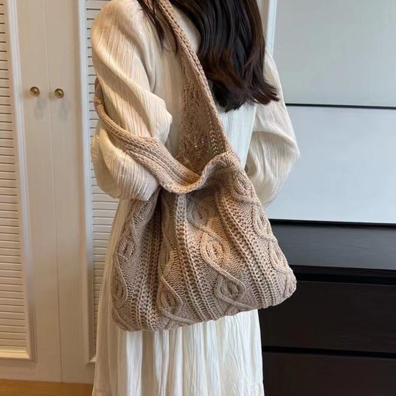 Wool Knitted Shoulder Shopping Bag for Women Vintage Cott Cloth Girls Tote Shopper Bag Large Female Handbag Crochet Bag