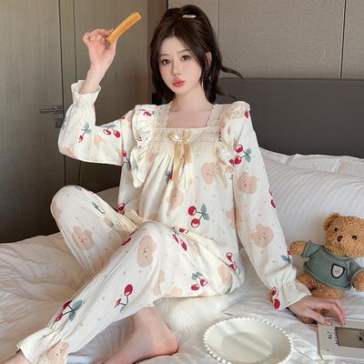 Lady Sweet Style Cartoon Women's Pajamas Bubble Cotton Bow Square Neck Female Nightgown Autumn New Youth Chic Sleepwear