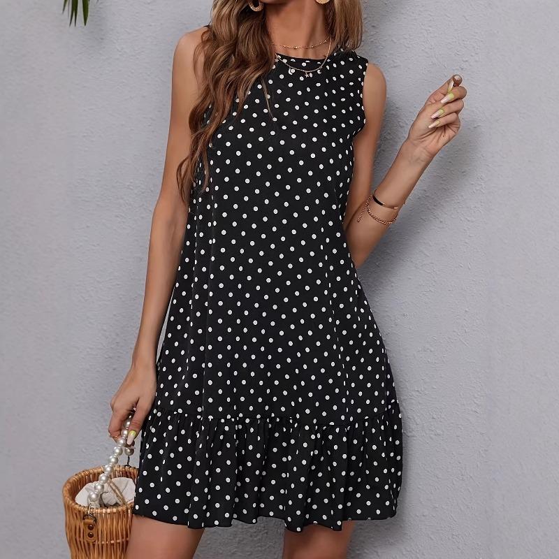 Batwing Hem Dress with Sleeveless Polka Dot Print - Cute and Playful Women's Clothing