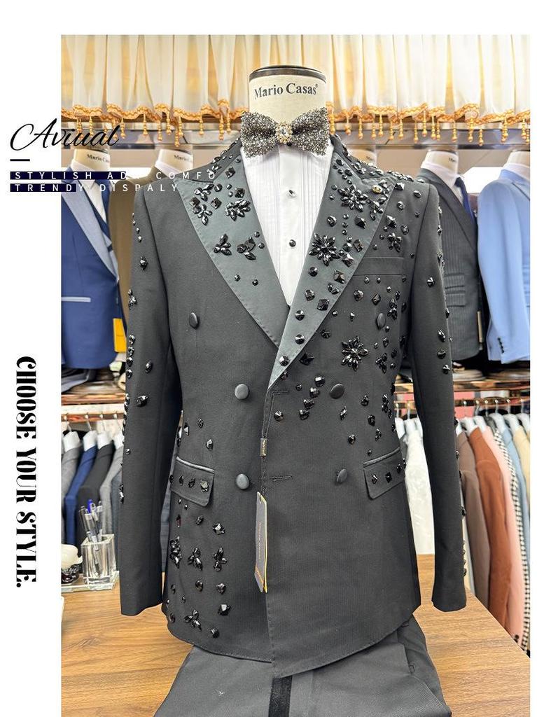 Completo da Uomo Ricamato a Mano con Perline - Elegante Set 2 Pezzi per Occasioni Casual, Banchetti e Eventi Formali