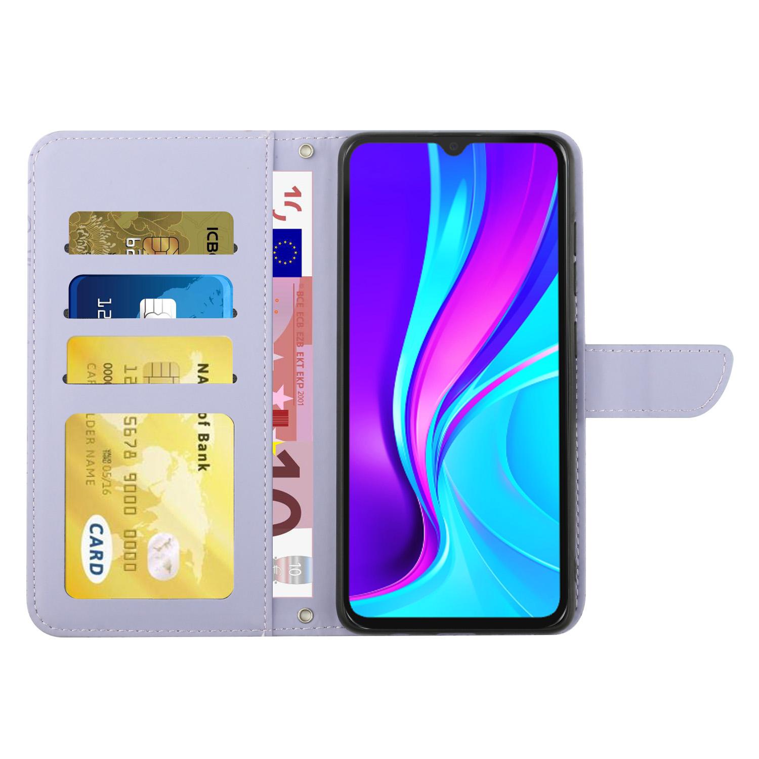 

For Xiaomi Redmi 9C/9C NFC/Poco C3 Wallet Phone Case Butterfly Flowers Imprinted Protective Cover Stand Shell with Shoulder Strap Blue