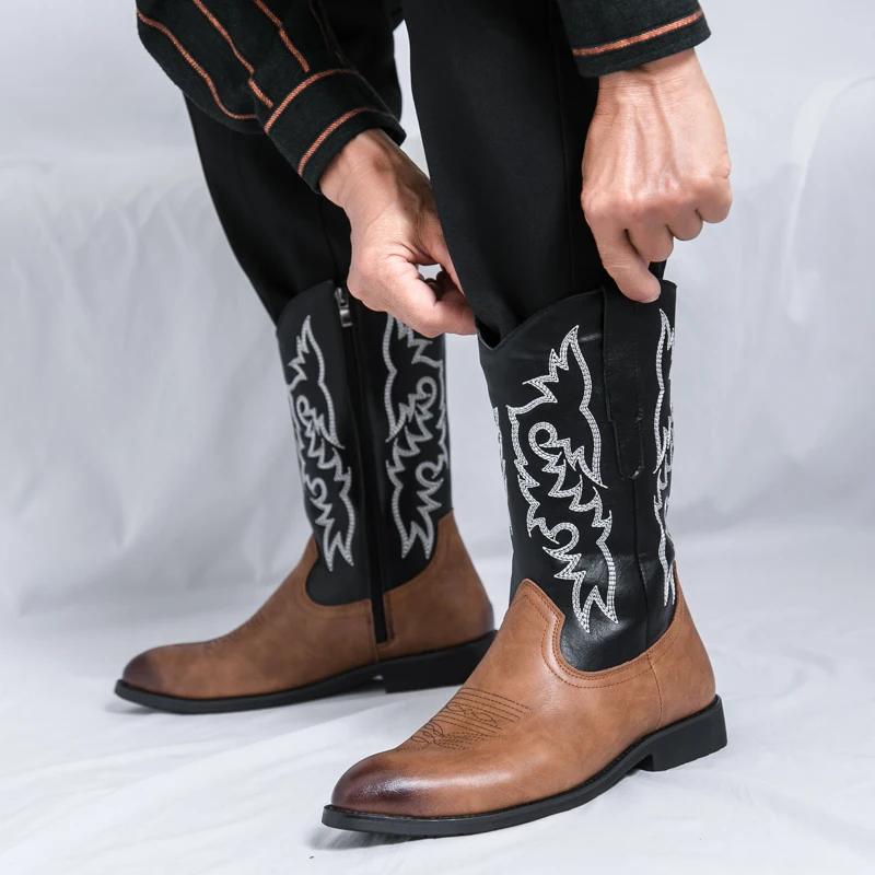 Fashion Men's Luxe British Shoes Cowboy Botas Retro Side Zipper Motorcycle Boots Fashion Walking Shoes Men 2024 New Male Chelsea Boots