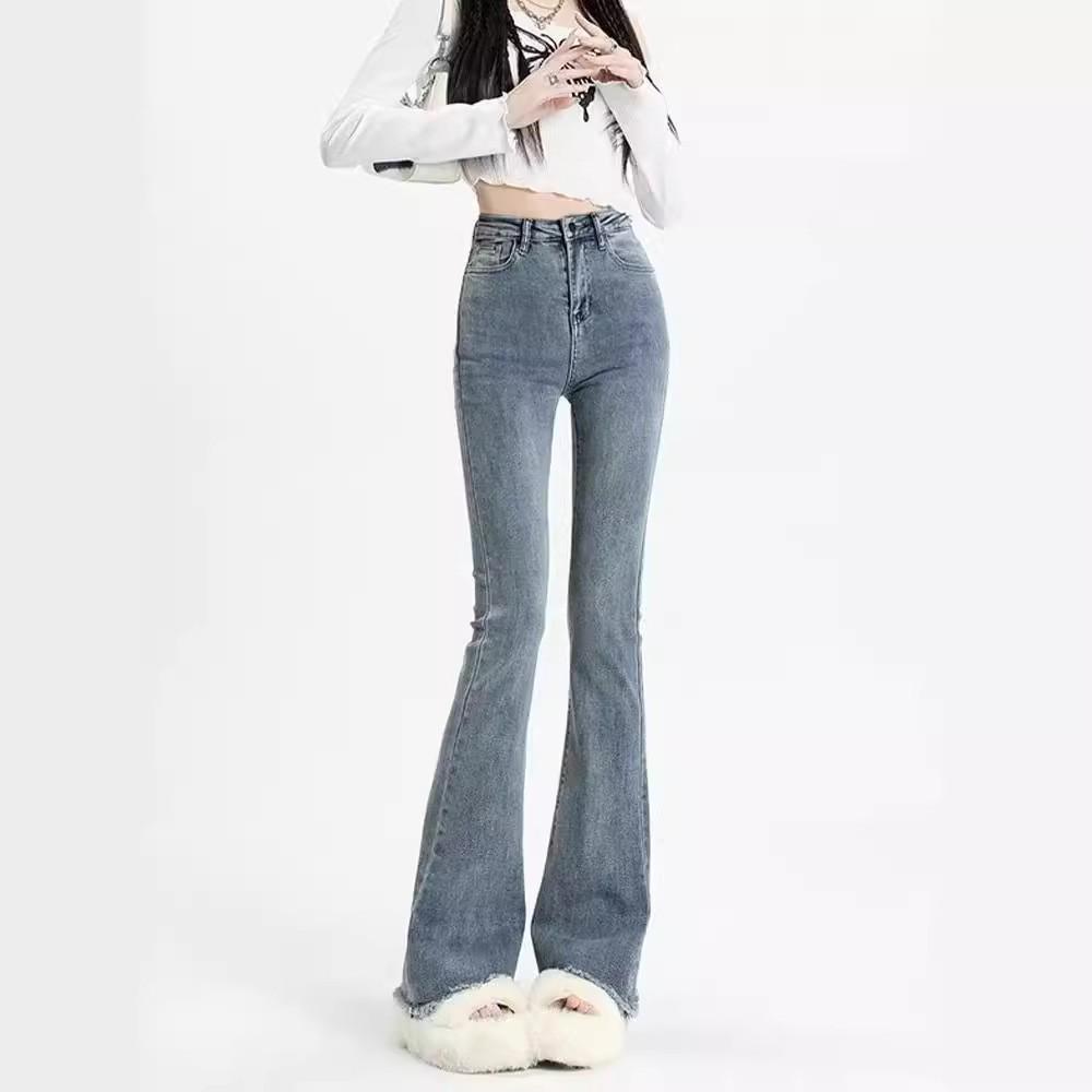 Women's Gray High Waist Slim Flared Jeans with Raw Edge - Spring/Autumn 2024