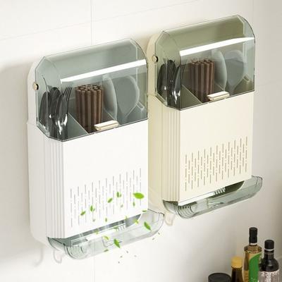 Wall Mounted Kitchen Cutlery Holder Dust-proof Breathable Utensil Drainer Flip Top No Punching Tableware Storage Holder