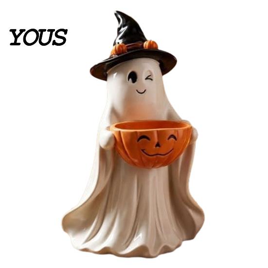 Detailed Resin Tabletop Figures Ghost Statue with Pumpkin Candy Bowl for Halloween Table Decor, Small Figurines Bedroom Cute Desktop Organizer Living