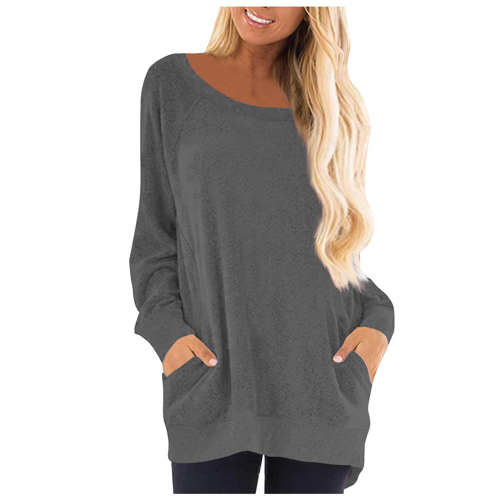 

Женская модная однотонная футболка с круглым вырезом, длинный рукав, свитер, повседневный топ L