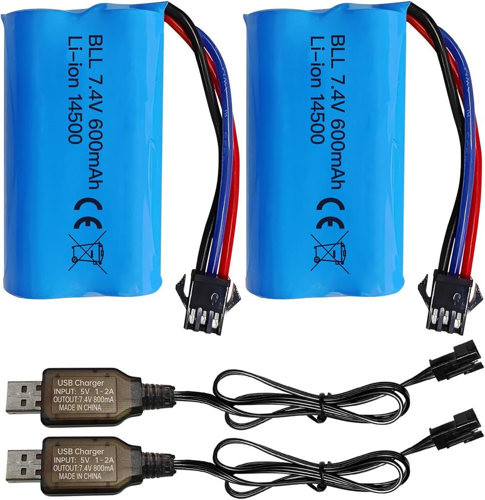 2x Li-ion Batteries 7.4V 600mAh 2S with SM-3P Connector + USB Cable – Compatible with RC Car DE82, TK3086B, TK-3082B, G20601, Stunt Flip Car