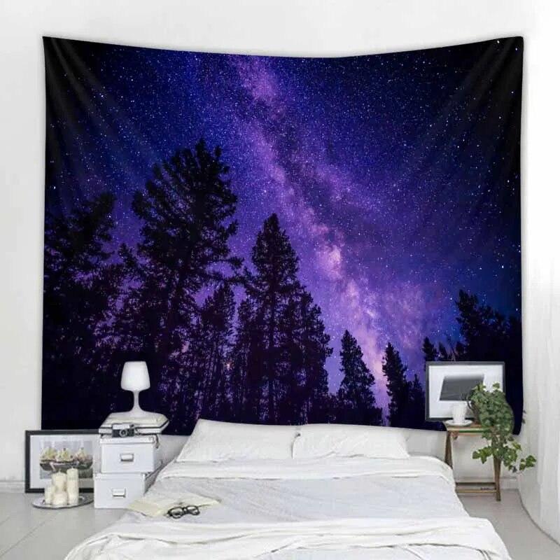 Starry Forest Tapestry Moonlight Night Psychedelic Bohemian Decoration Wall Hanging Home Room Art Background Decoration