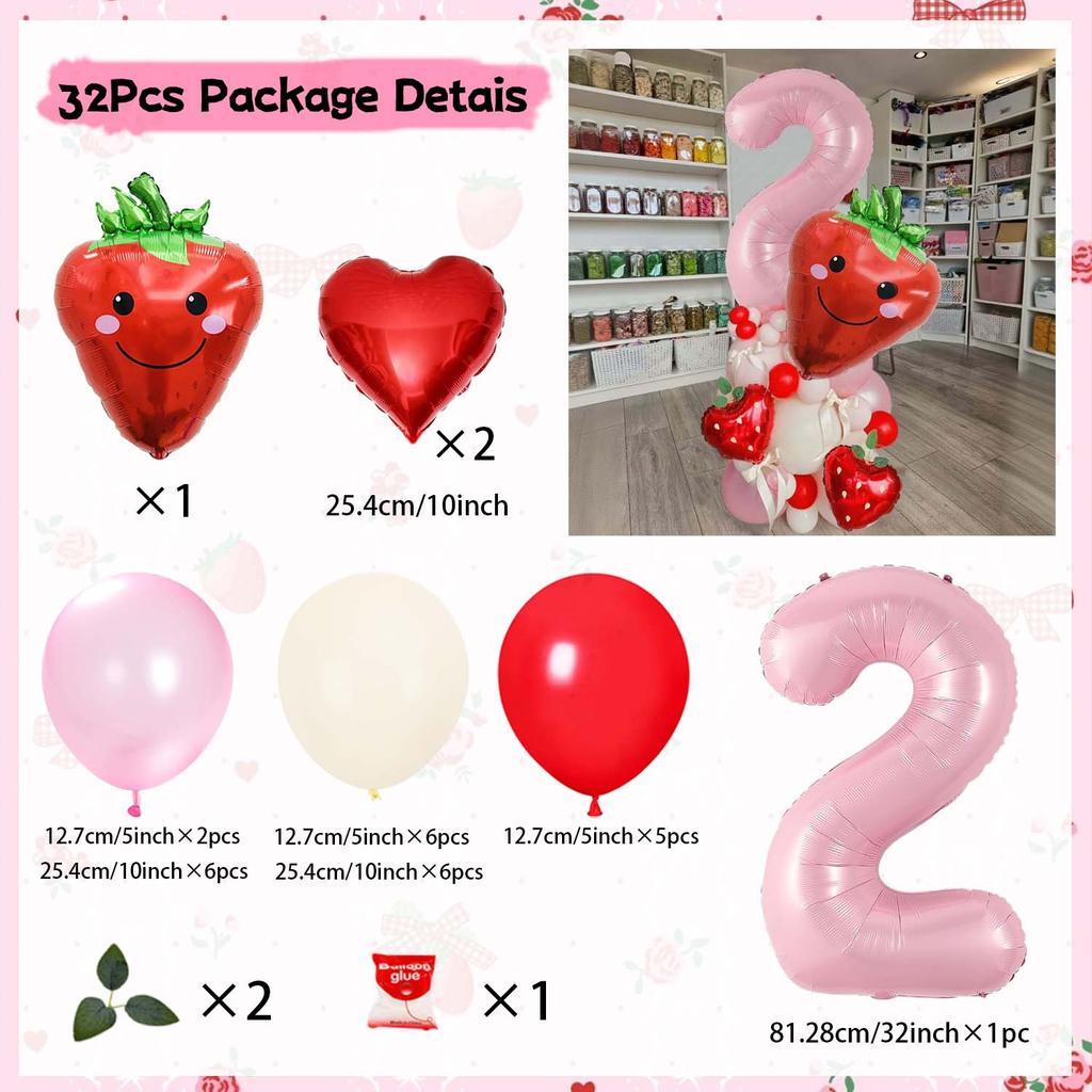 Strawberry Digital Balloon Numbers 0-9 Strawberry Love Aluminum Film Pink White Red Balloon for Anniversary Birthday